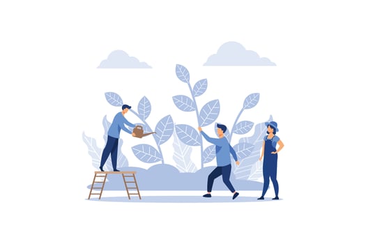 small people prepare for the holiday, save the planet from pollution, grow a plant, World Environment Day, Bio Technology flat vector illustration