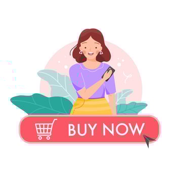 Buy now botton with cursor, young girl shopping online holding cell phone and using mobile app, customer search and buy, e-commerce concept. Click here with pointer and cart. Flat vector illustration.