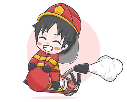 Cute fireman riding fire extinguisher cartoon illustration vector