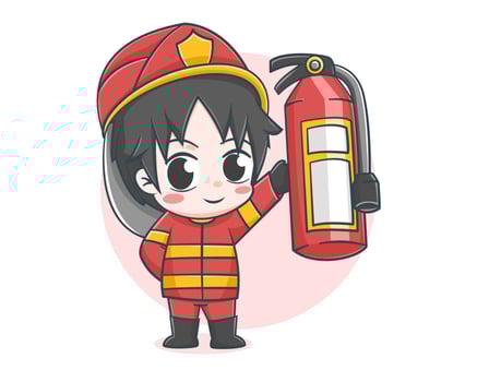 Cute fireman holding fire extinguisher cartoon illustration vector