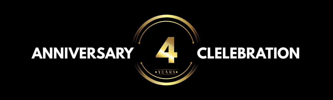4 years anniversary gold and white color with circle ring isolated on black background for anniversary celebration event, birthday party, brochure, web, greeting card. 4 Year Anniversary Logotype vector