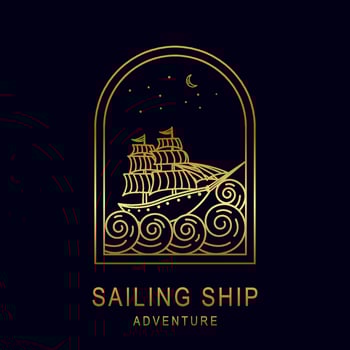 Sailing ship adventure logo template design in outline style. Vector illustration.