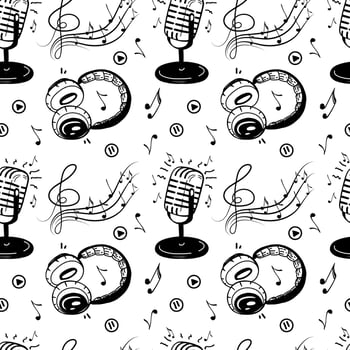 A seamless pattern of music symbols, music notes, violin keys, microphones, and headphones. Hand-drawn doodle-style elements. Vector illustration