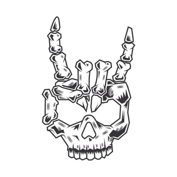 skeleton head rock hand line art vintage tattoo or print design vector illustratio.
