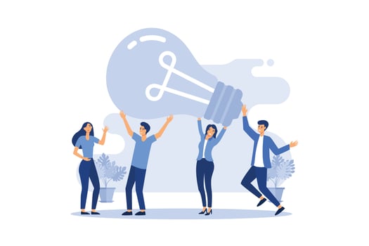 business meeting and brainstorming, business concept for teamwork, search for new solutions, small people look at the big light bulb in search of ideas flat vector illustration