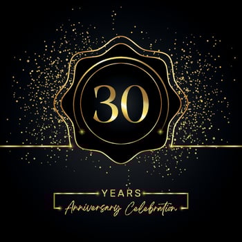30 years anniversary celebration with golden star frame isolated on black background. Vector design for greeting card, birthday party, wedding, event party, invitation card. 30 years Anniversary logo.