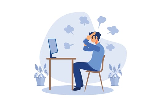 Anger men on the desk, computer screen, work problems that do not meet the target, default, breach of contract, financial problems flat vector illustration