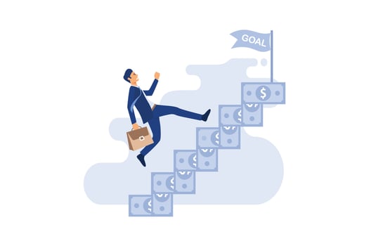 Businessman walking on money stairs, modern flat modern design illustration vector