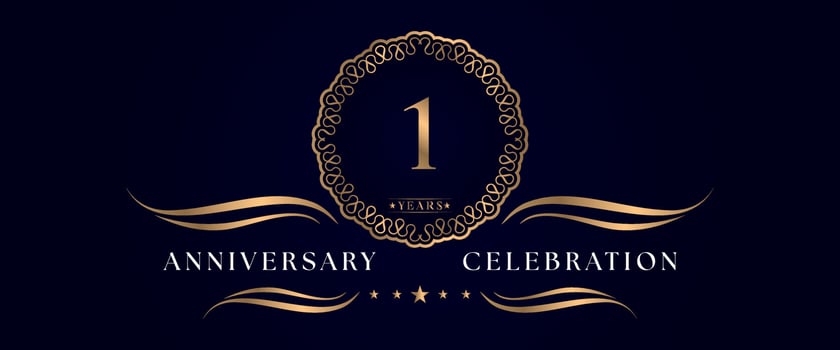 1 years anniversary celebration with elegant circle frame isolated on dark blue background. Vector design for greeting card, birthday party, wedding, event party, ceremony. 1 years Anniversary logo.