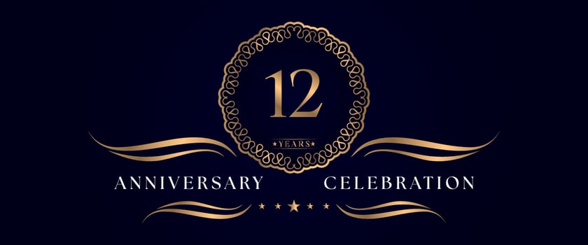 12 years anniversary celebration with elegant circle frame isolated on dark blue background. Vector design for greeting card, birthday party, wedding, event party, ceremony. 12 years Anniversary logo.