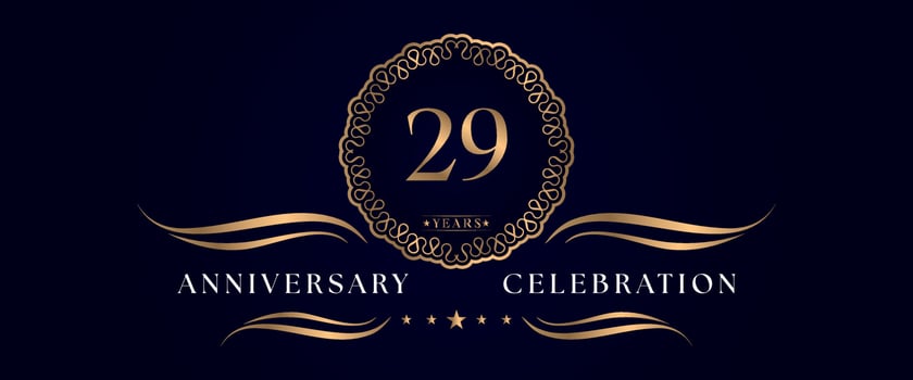 29 years anniversary celebration with elegant circle frame isolated on dark blue background. Vector design for greeting card, birthday party, wedding, event party, ceremony. 29 years Anniversary logo.
