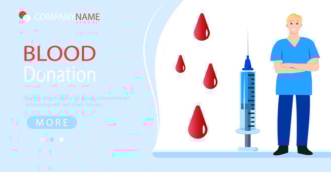 Blood donation website template. Vector colorful charity medical concept. Cartoon flat landing page.