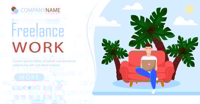 Freelance work from home website template. Vector colorful IT programmer concept. Cartoon flat landing page.