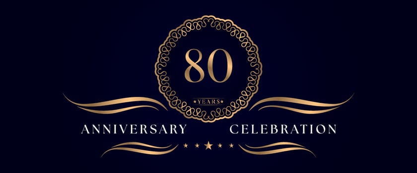 80 years anniversary celebration with elegant circle frame isolated on dark blue background. Vector design for greeting card, birthday party, wedding, event party, ceremony. 80 years Anniversary logo.