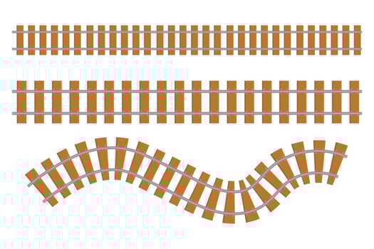 Rail way collection top view, train road in cartoon style isolated on white background. Curve line set railroad. vector