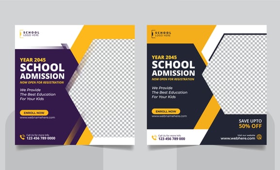 Back to school admission social media post banner or square flyer template vector