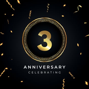 3 years anniversary celebration with circle frame and gold confetti isolated on black background. Vector design for greeting card, birthday party, wedding, event party. 3 years Anniversary logo.