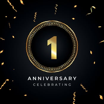 1 years anniversary celebration with circle frame and gold confetti isolated on black background. Vector design for greeting card, birthday party, wedding, event party. 1 years Anniversary logo.