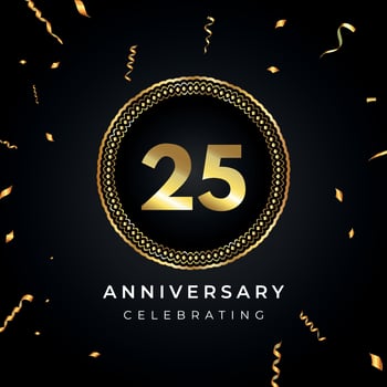 25 years anniversary celebration with circle frame and gold confetti isolated on black background. Vector design for greeting card, birthday party, wedding, event party. 25 years Anniversary logo.