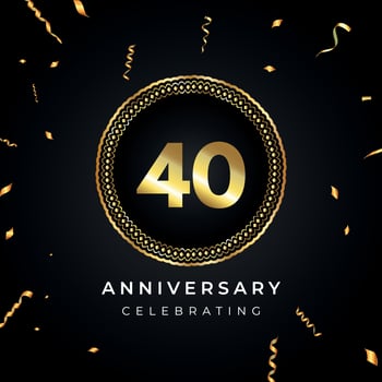 40 years anniversary celebration with circle frame and gold confetti isolated on black background. Vector design for greeting card, birthday party, wedding, event party. 40 years Anniversary logo.