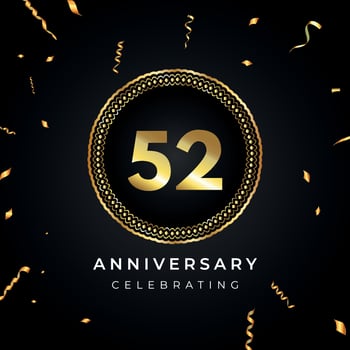 52 years anniversary celebration with circle frame and gold confetti isolated on black background. Vector design for greeting card, birthday party, wedding, event party. 52 years Anniversary logo.