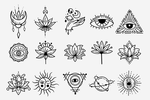 Set Collection Mystical Celestial Dark Holy Simple Minimalism Tattoo Clipart Symbol space doodle Esoteric elements vintage illustration vector