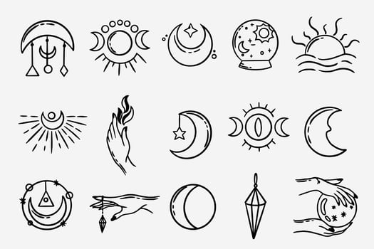 Set Collection Mystical Celestial Dark Holy Simple Minimalism Tattoo Clipart Symbol space doodle Esoteric elements vintage illustration vector