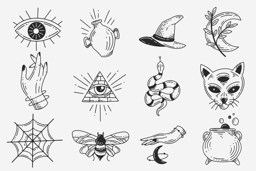 Set Collection Mystical Celestial Dark Holy Simple Minimalism Tattoo Clipart Symbol space doodle Esoteric elements vintage illustration vector