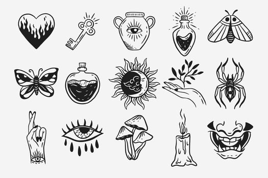Set Collection Mystical Celestial Dark Holy Simple Minimalism Tattoo Clipart Symbol space doodle Esoteric elements vintage illustration vector