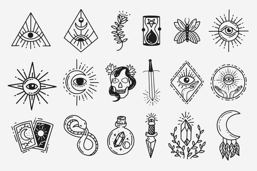 Set Collection Mystical Celestial Dark Holy Simple Minimalism Tattoo Clipart Symbol space doodle Esoteric elements vintage illustration vector