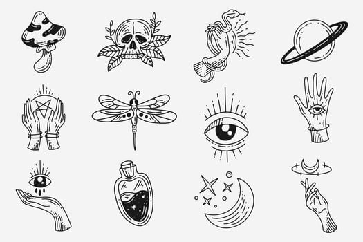 Set Collection Mystical Celestial Dark Holy Simple Minimalism Tattoo Clipart Symbol space doodle Esoteric elements vintage illustration vector