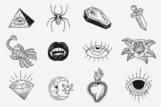Set Collection Mystical Celestial Dark Holy Simple Minimalism Tattoo Clipart Symbol space doodle Esoteric elements vintage illustration vector