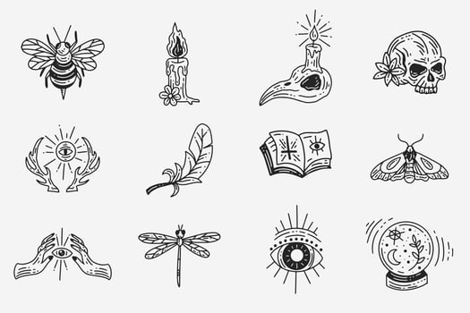Set Collection Mystical Celestial Dark Holy Simple Minimalism Tattoo Clipart Symbol space doodle Esoteric elements vintage illustration vector