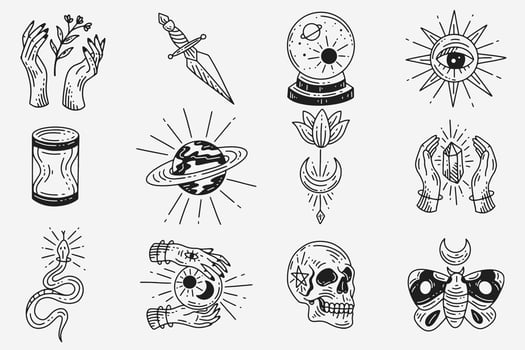 Set Collection Mystical Celestial Dark Holy Simple Minimalism Tattoo Clipart Symbol space doodle Esoteric elements vintage illustration vector