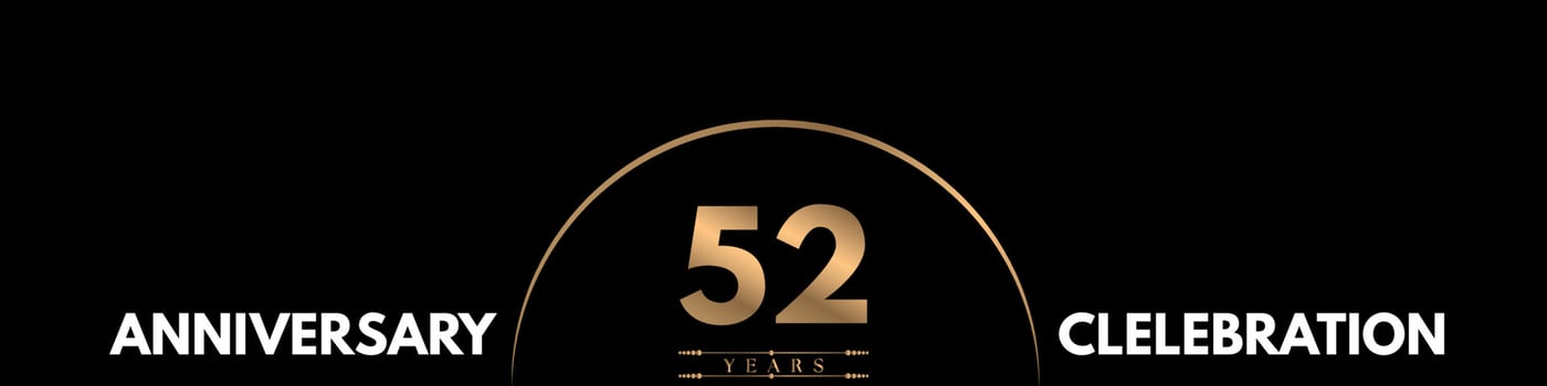 52 years anniversary celebration with elegant number isolated on black background. Vector design for greeting card, birthday party, wedding, event party, ceremony, invitation card.