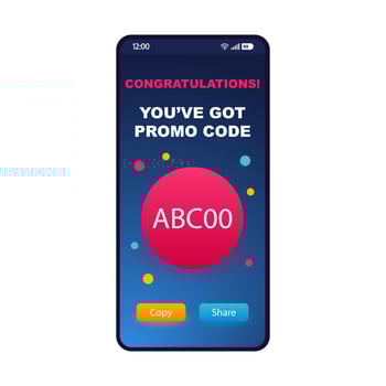 Getting promo code page smartphone interface template. Discount, special offer, gift card mobile app design layout. Coupon code application flat UI. Ecoupon, digital vaucher screen. Phone display vector