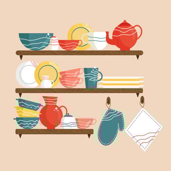 Kitchen shelves with colorful ceramic kitchenware vector