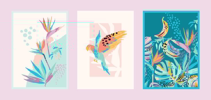 Set of art prints with abstract tropical nature. Fresh and bright colors. Modern vector design for posters, cards, cover packaging and more