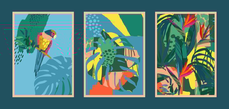 Set of art prints with abstract tropical nature. Fresh and bright colors. Modern vector design for posters, cards, cover packaging and more