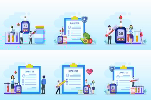 Medicine diabetes concept. The doctor tests the level of glucose in the blood, prescribes statins. Flat vector illustration.