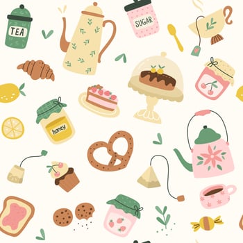 Seamless pattern with cups and sweeties, teapots. Vector illustration