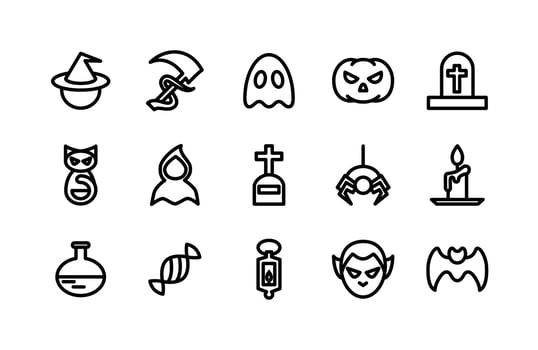 Halloween line icons including  Hat, Sickle, Ghost, Pumpkin, Grave, Cat, Ghost, Grave, Spider, Candle, Potion, Candy, Lamp, Vampire, Bat vector