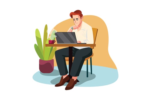 A man sitting at a cafe working on a laptop vector