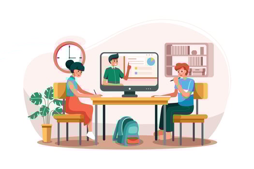 The boy and the girl learning online courses on the table. vector