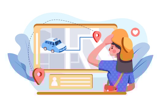 Model look woman tracking the taxi called by a mobile phone app vector