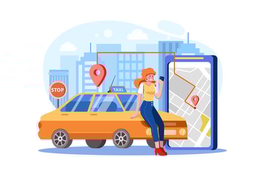 Woman near smartphone screen with route and points location on a city map on the car vector