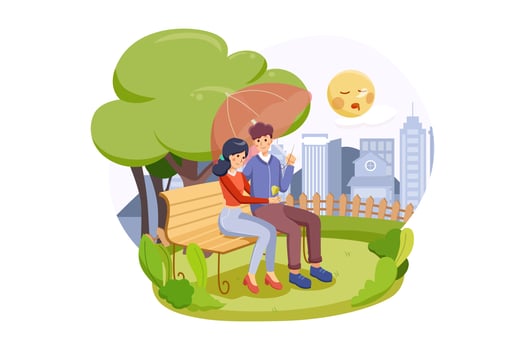 A happy couple sitting on a bench enjoy their valentine in autumn park vector