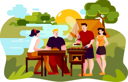 Group of man and woman enjoy camping picnic and barbecue at lake with tents in background vector