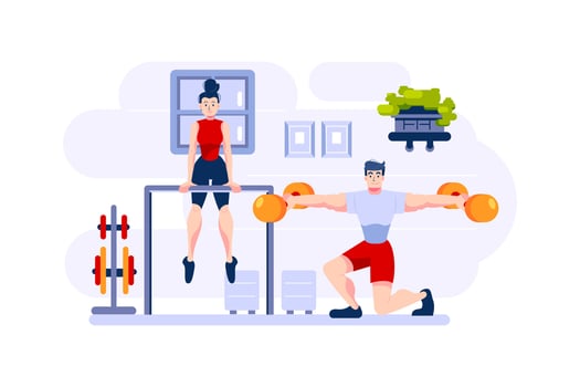 Two athletes practice gymnastics. vector