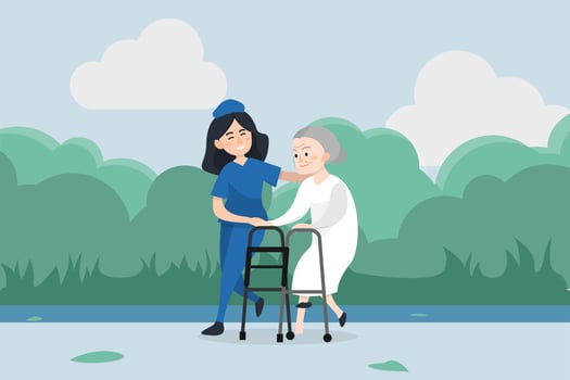 Nurse helps her grandmother to go to the walker. Caring for the elderly vector